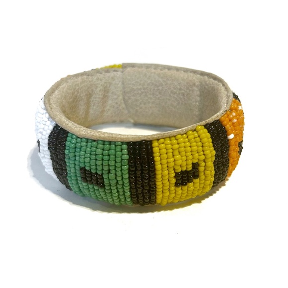 Handmade African Beaded Bracelet Bangle Green Yellow Orange White Black Leather - Picture 3 of 10